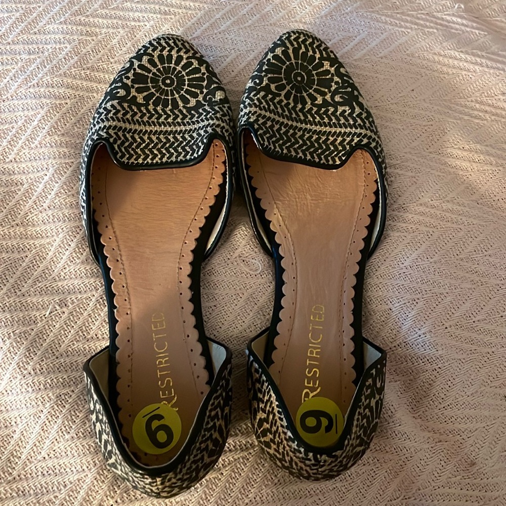 Restricted Black & Cream Floral Embroidered D'Orsay Flats